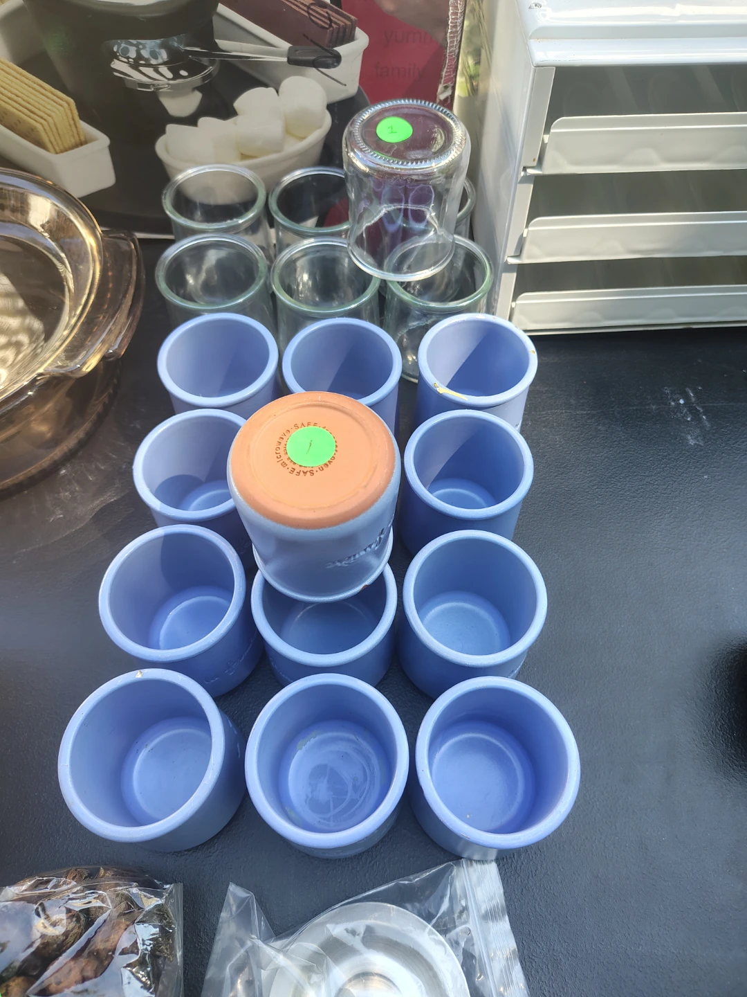 Set of 10 Blue Ramekins and 6 Glass Jars