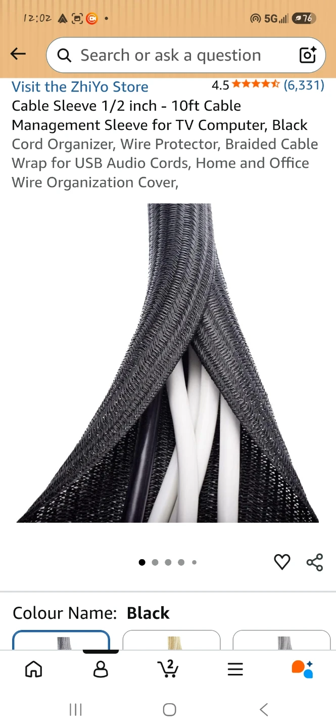 Black Braided Cable Management Sleeve - 1/2 inch