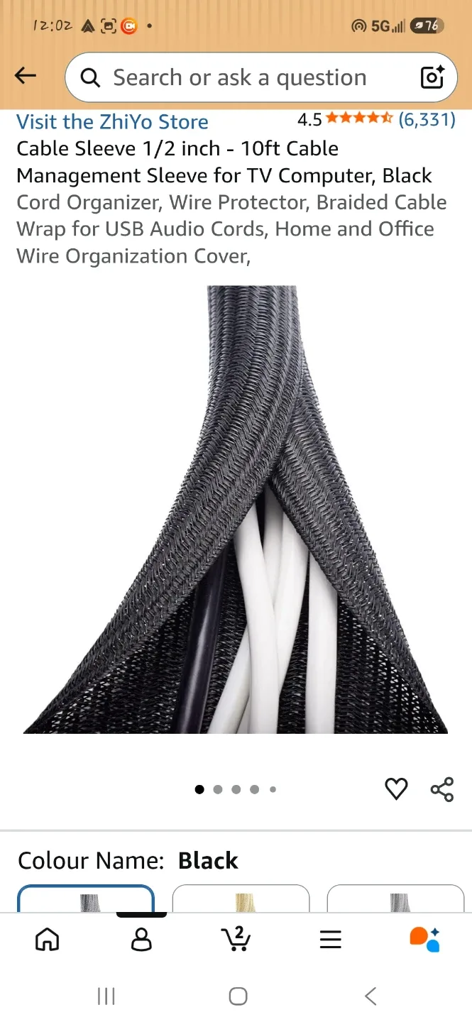 Black Braided Cable Management Sleeve - 1/2 inch