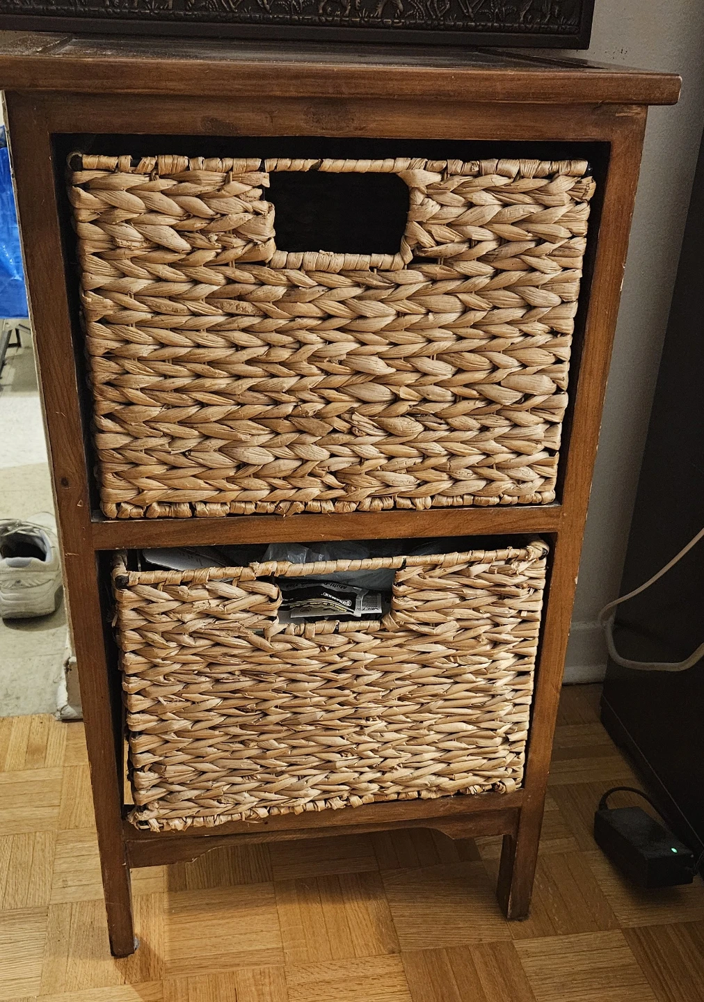 Two-Tier Wooden Storage Unit with Wicker Baskets