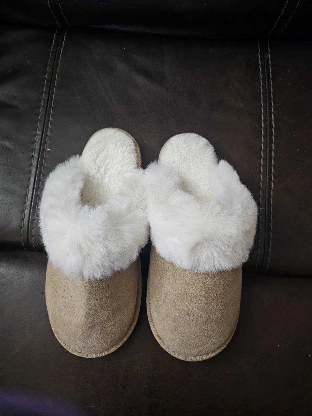Tan Suede Slippers with White Faux Fur Trim - photo 2