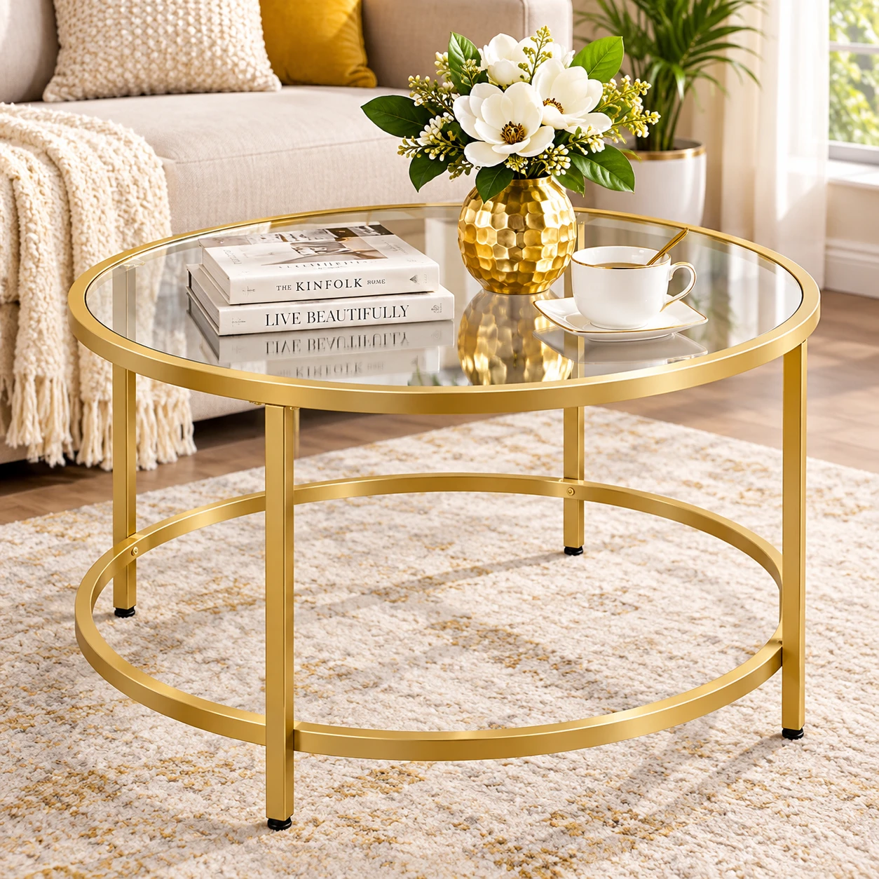 Round Glass Coffee Table with Gold Metal Frame