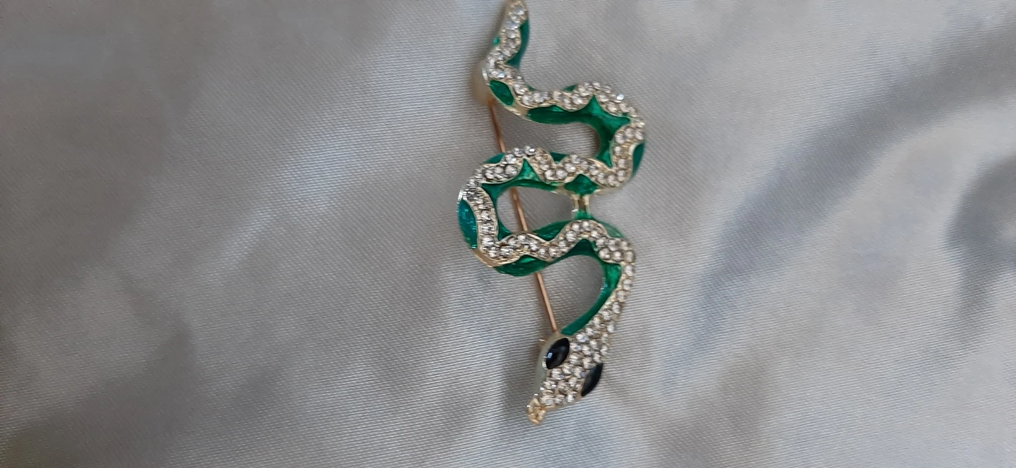 Snake brooch, green enamel & clear crystals.
