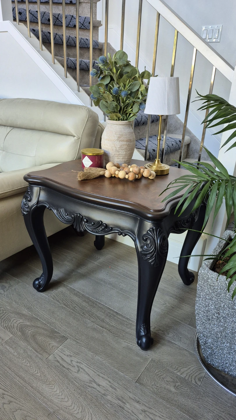 Solid Wood  End Table – Dark Walnut & Matte Black – Refinished