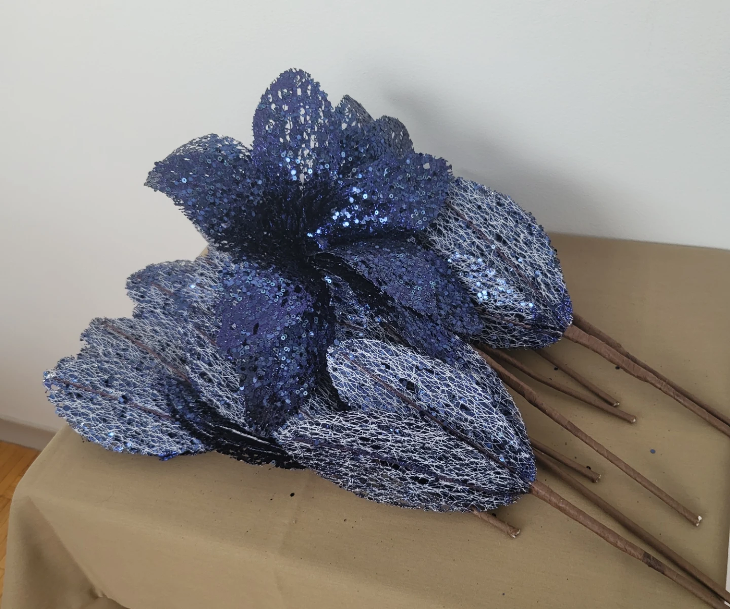 Decorative Navy Blue Sequined Poinsettia Flowers (Set of 12) - photo 2
