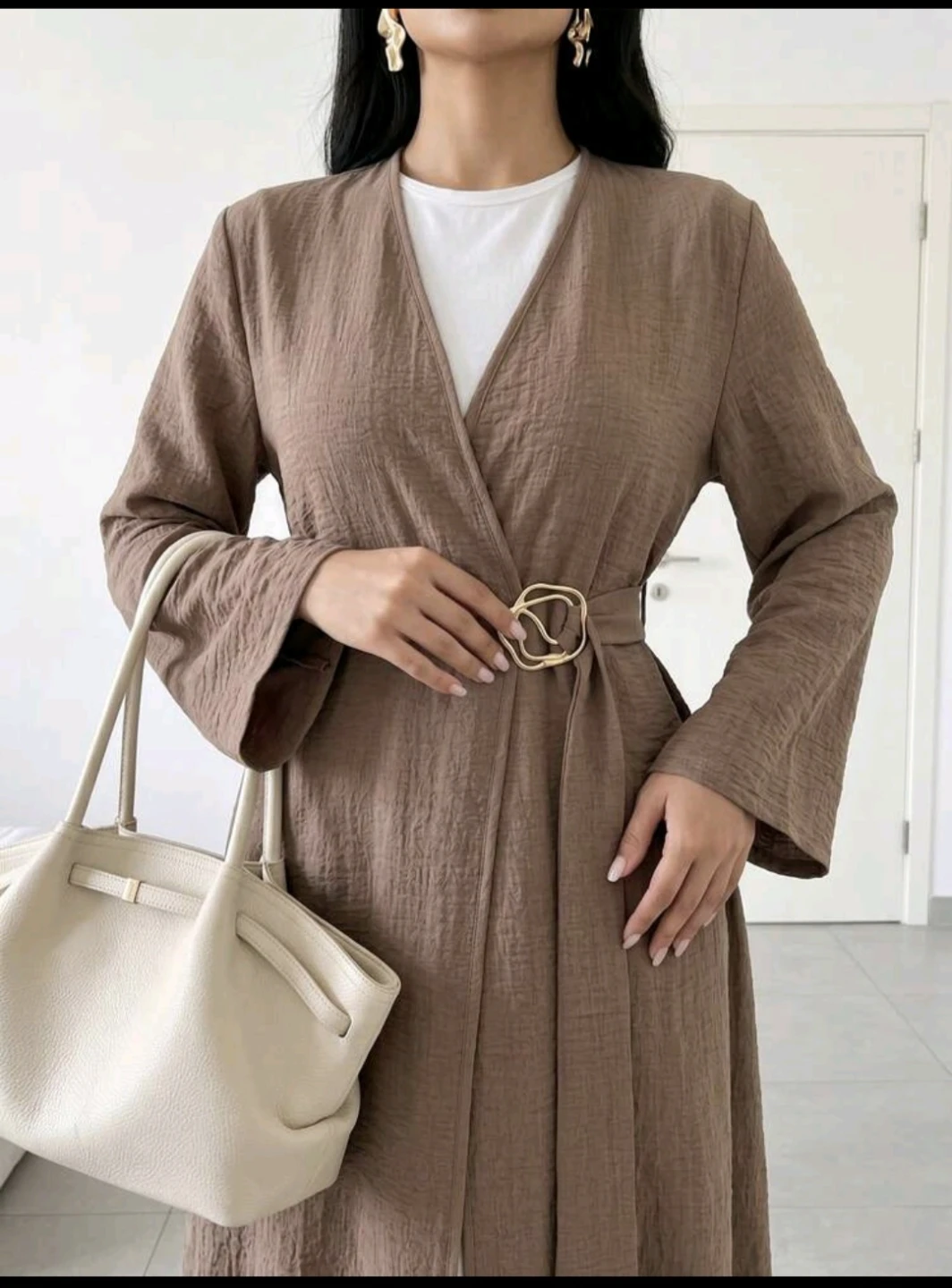 Brown Crinkle Abaya with Gold Buckle - photo 3