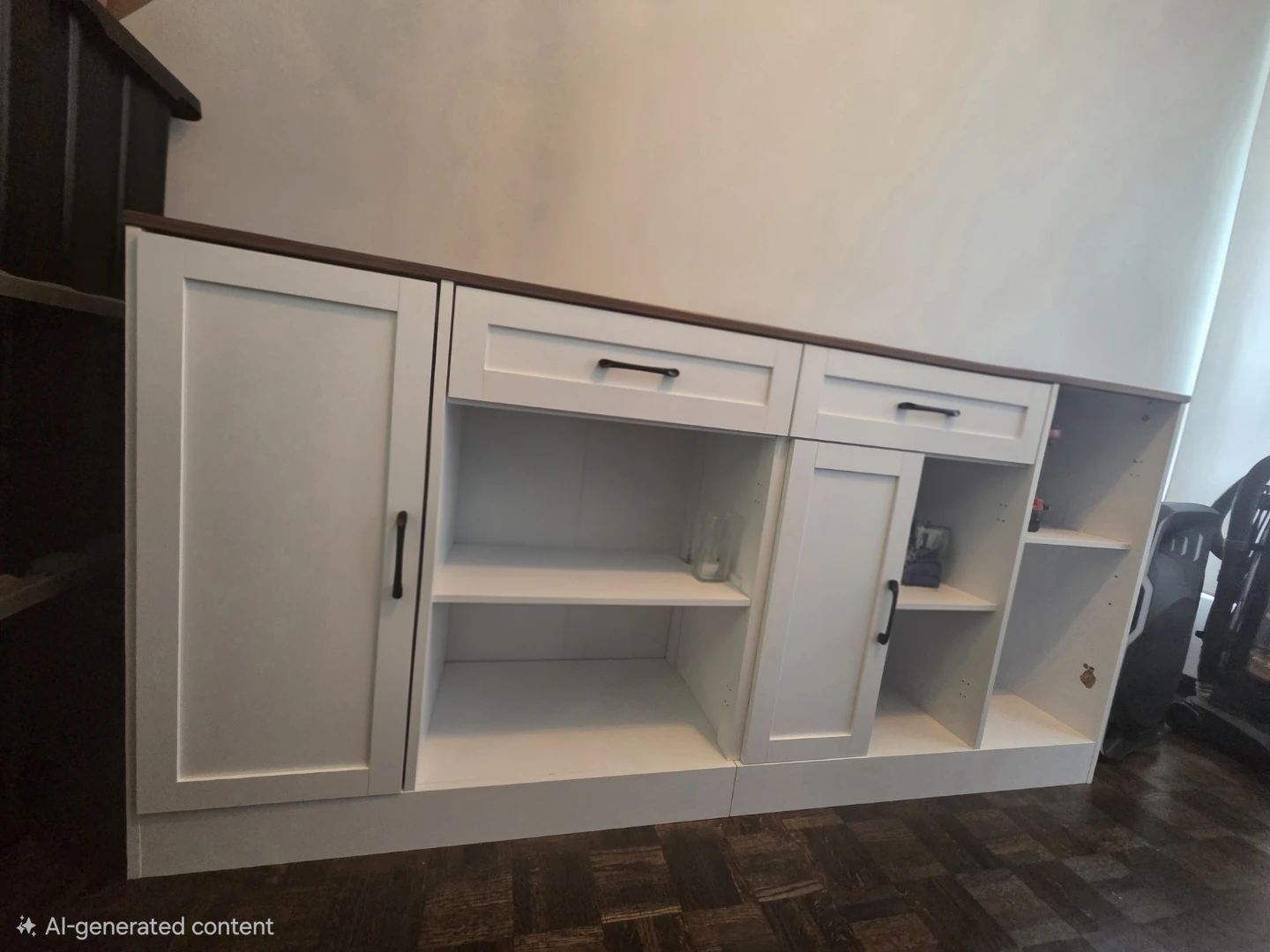 White Storage Cabinet with Dark Wood Top