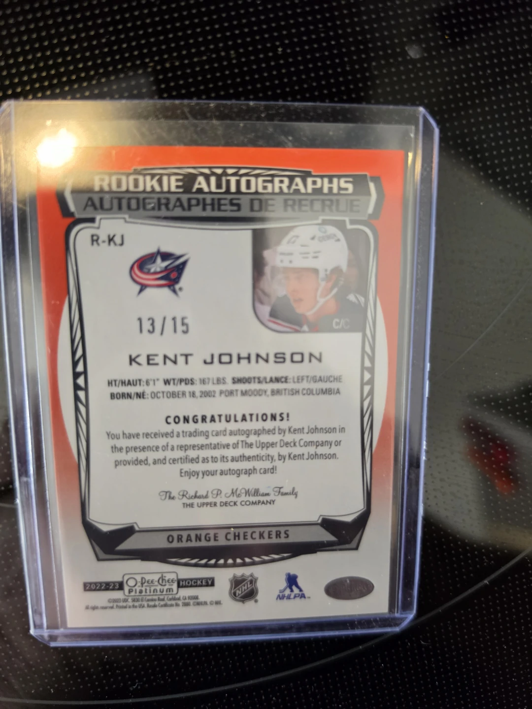 Kent Johnson 2022-23 O-Pee-Chee Platinum Rookie Auto 13/15