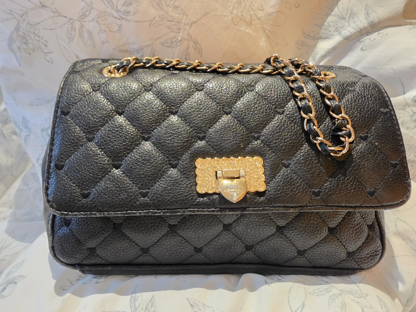 Love Cat Black Quilted Shoulder Bag with Gold Chain