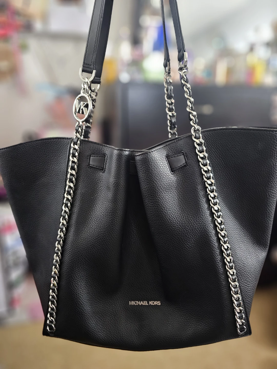Michael Kors Black Leather Tote Bag with Silver Chain Detail