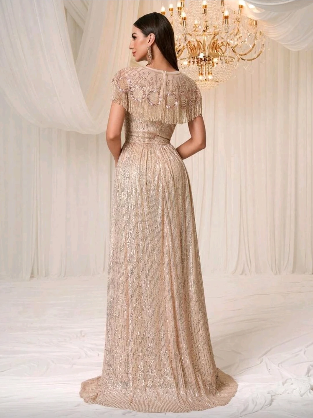 Champagne Sequin Fringe Evening Gown - photo 3