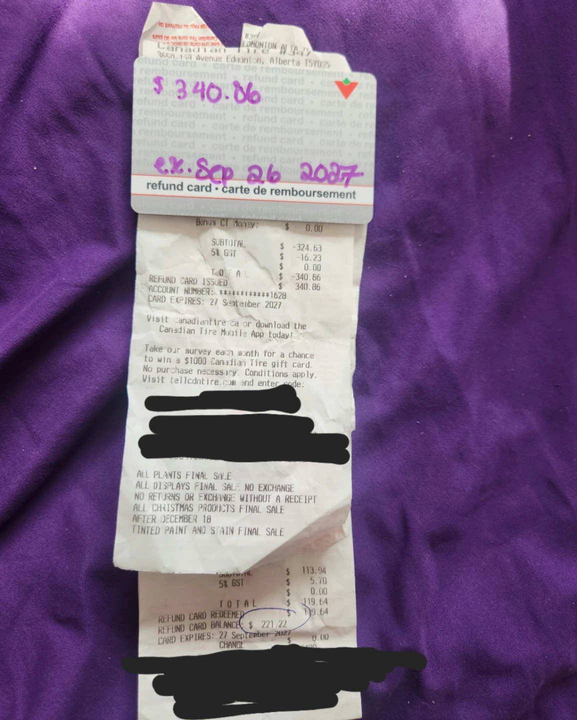 Canadian Tire Refund Card $221.22