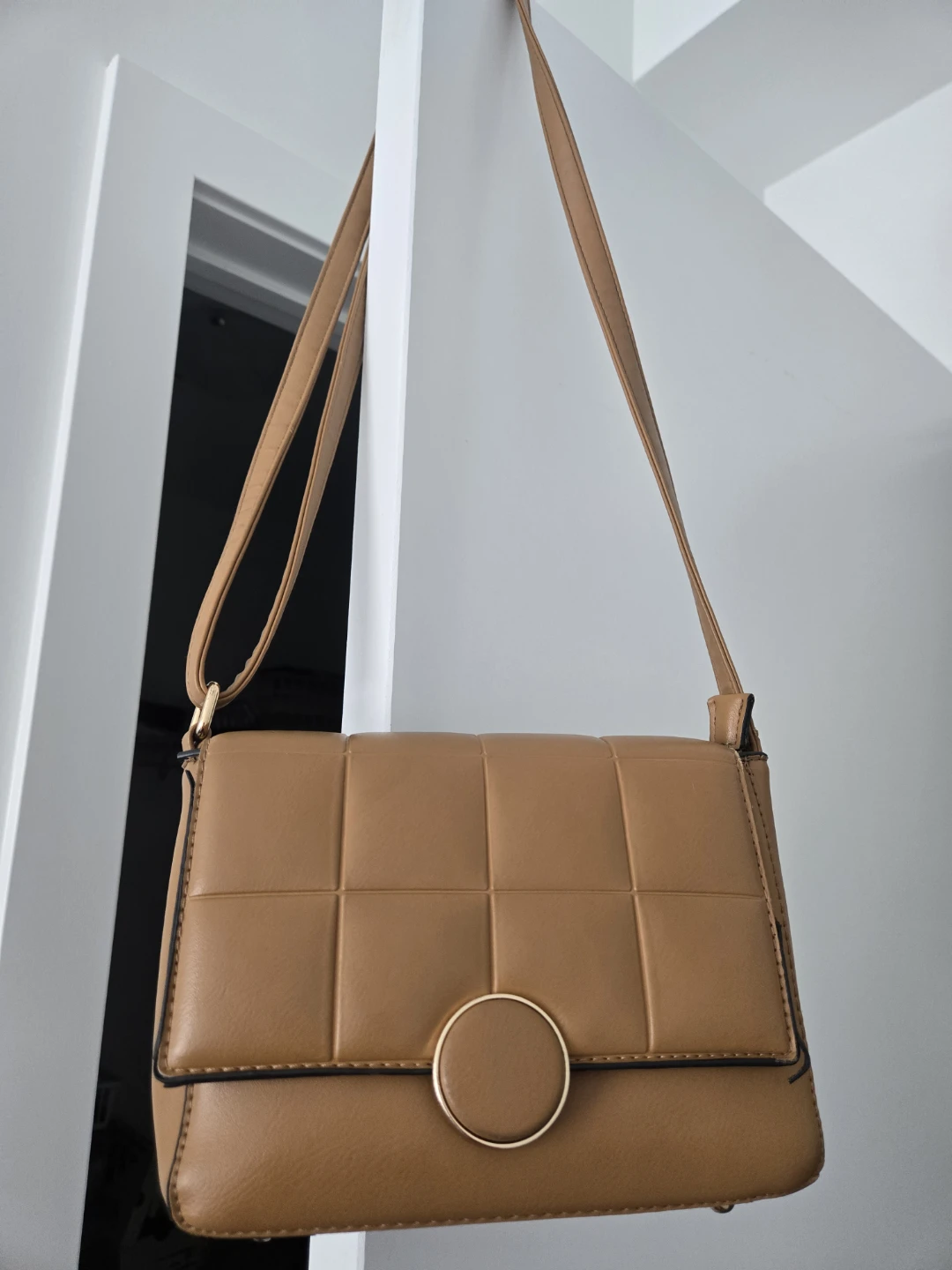Brown Quilted Shoulder Bag with Gold Circle Clasp