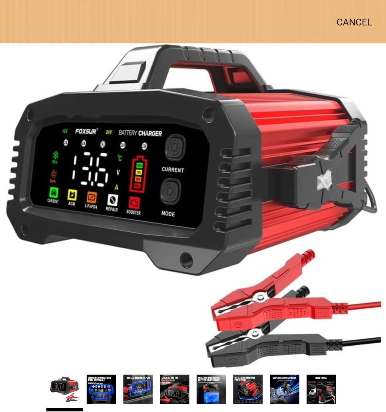 Foxsur 12V 25A / 24V 15A Smart Battery Charger