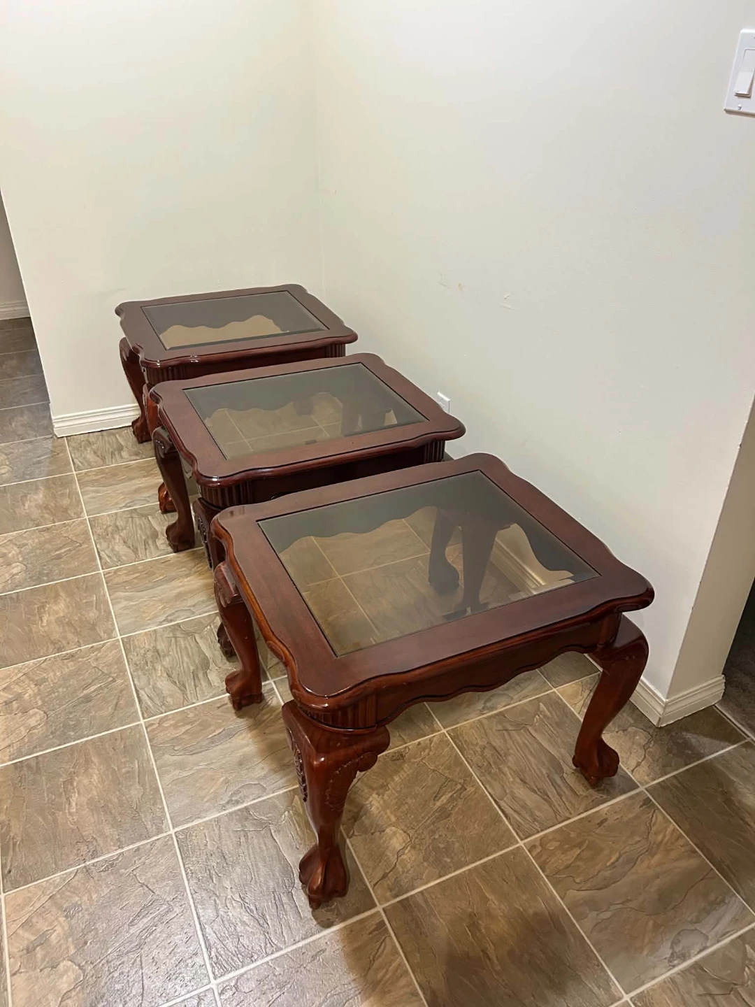 3-piece wooden end tables with glass tops, elegant set - photo 3