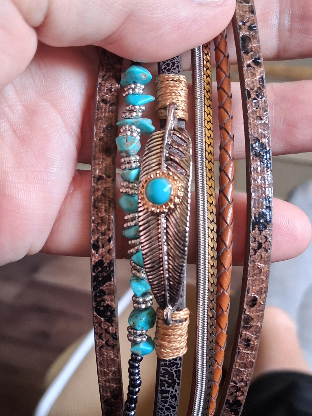 Boho/ Navajo unisex 6 Layer Bracelet with Turquoise and Feather
