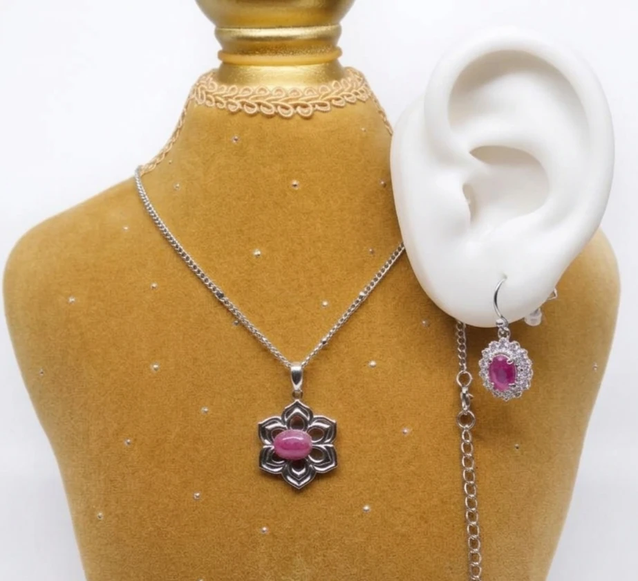 Silver Ruby Flower Pendant Necklace & Earrings Set