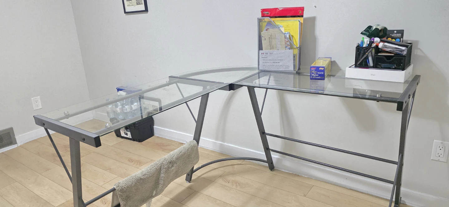 L-Shaped Glass Desk with Metal Frame - photo 3