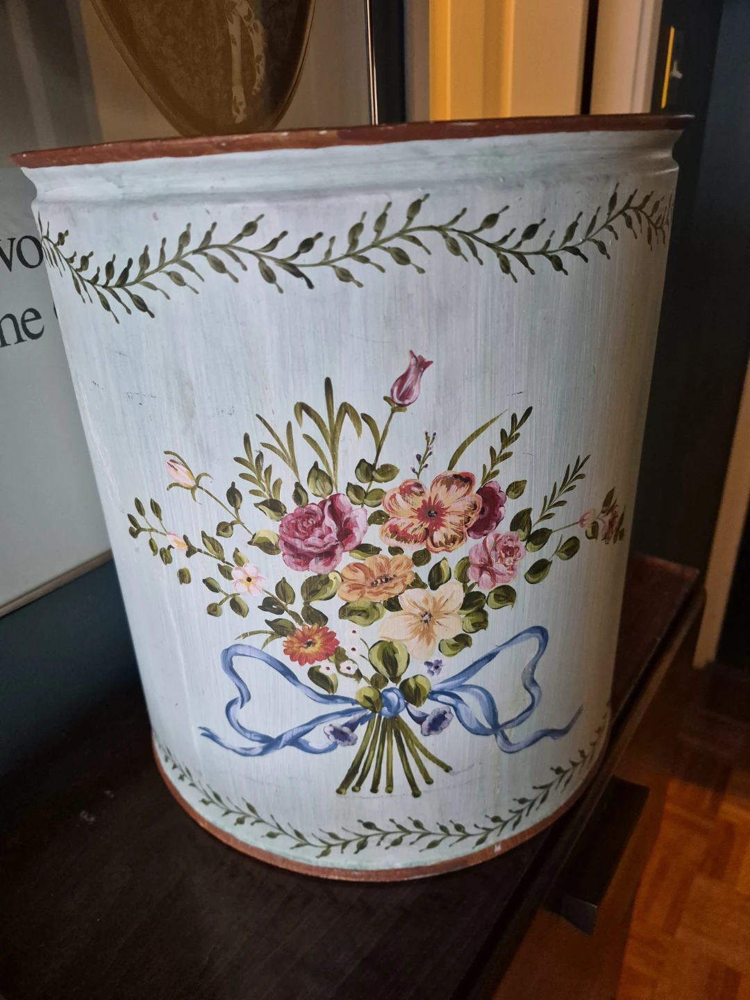 Vintage Hand-Painted Floral Metal Waste Bin