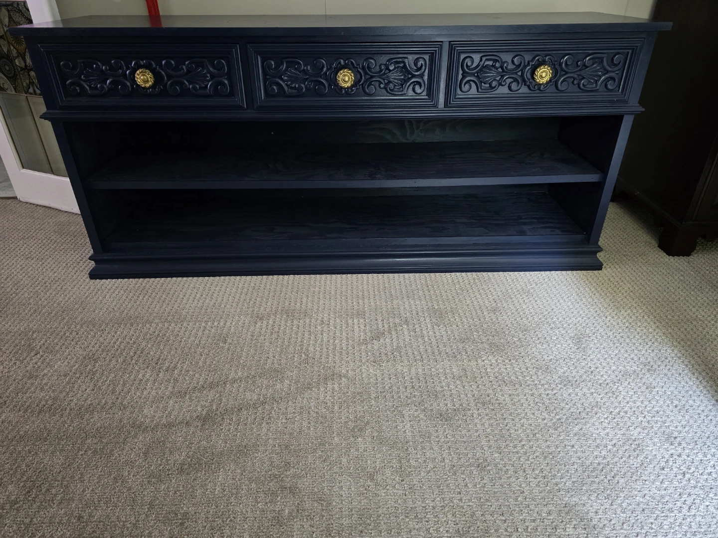 Navy Blue Media Console Table with Gold Hardware