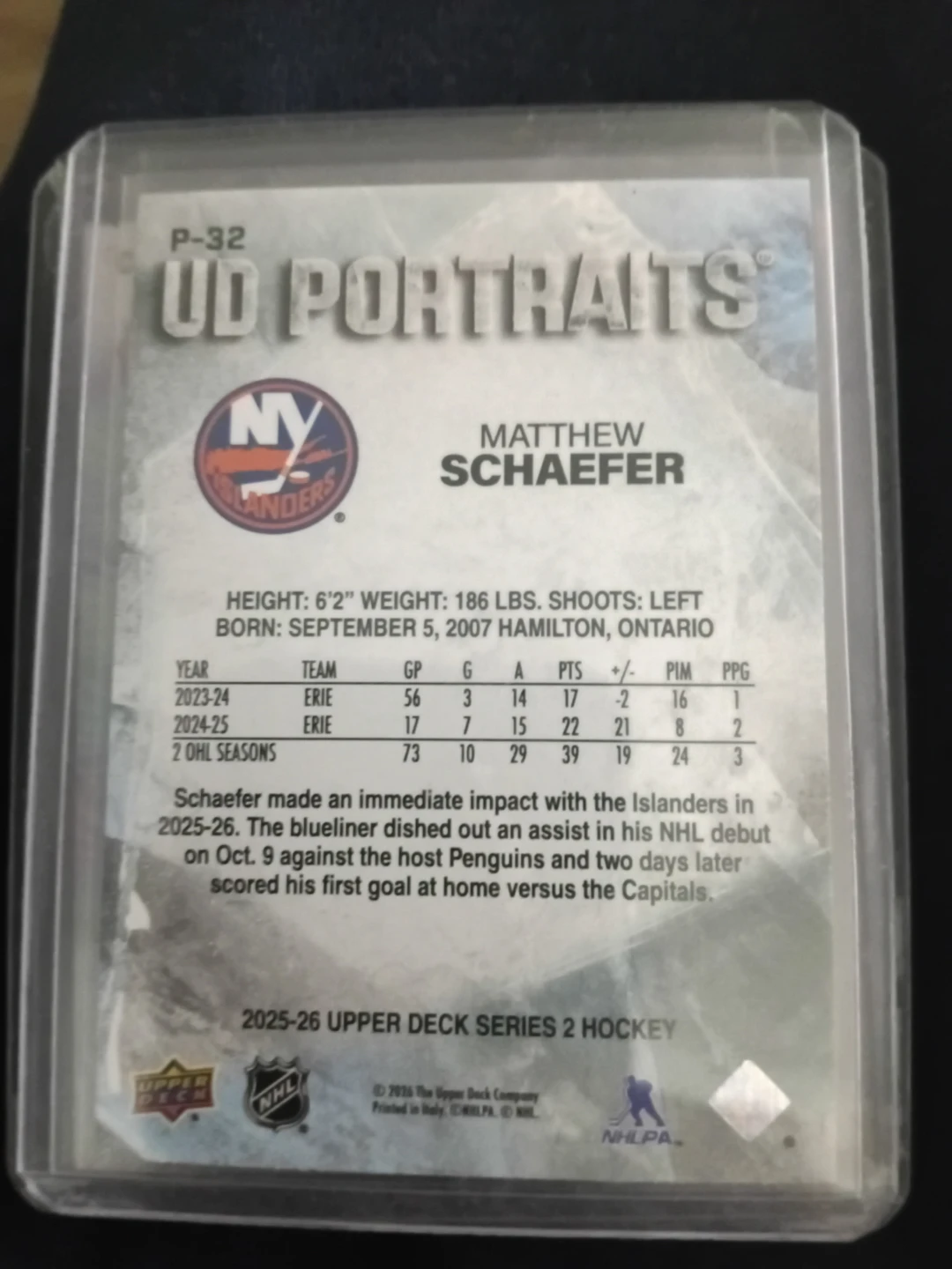 Matthew Schaefer 2025-26 Upper Deck Portraits Hockey Card - photo 2