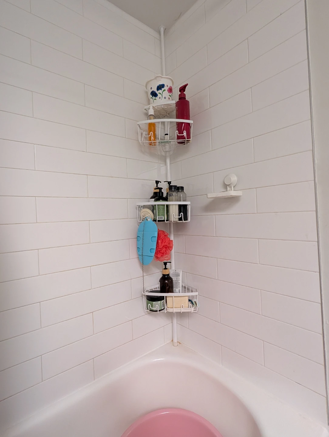 White Corner Tension Pole Shower Caddy