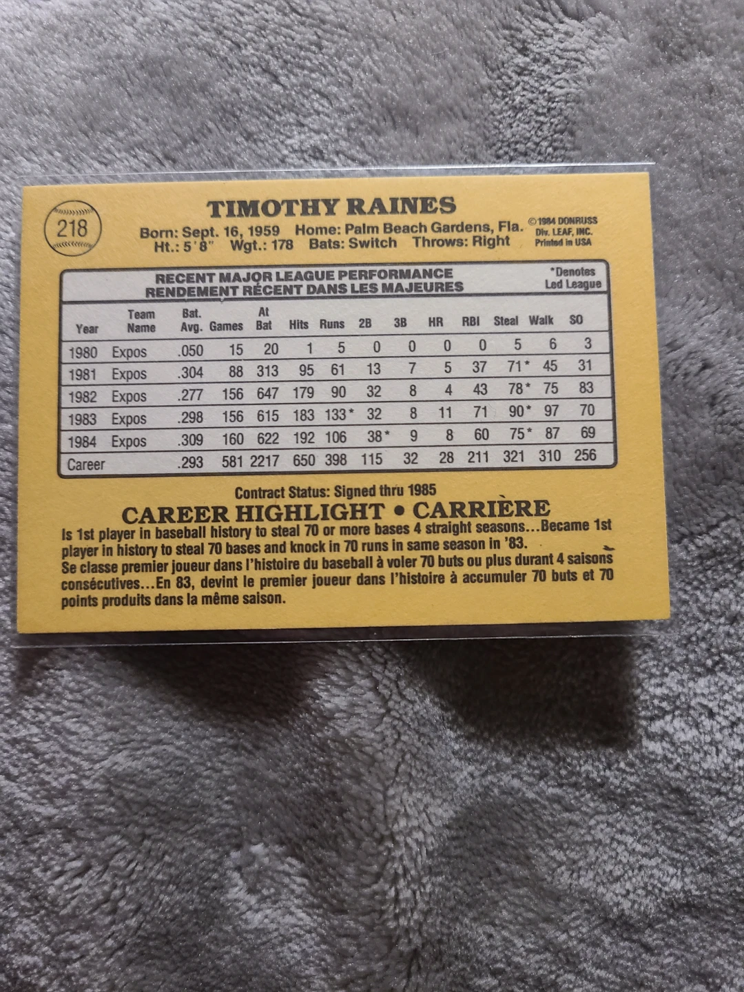 1985 Donruss Tim Raines Montreal Expos Baseball Card - photo 2