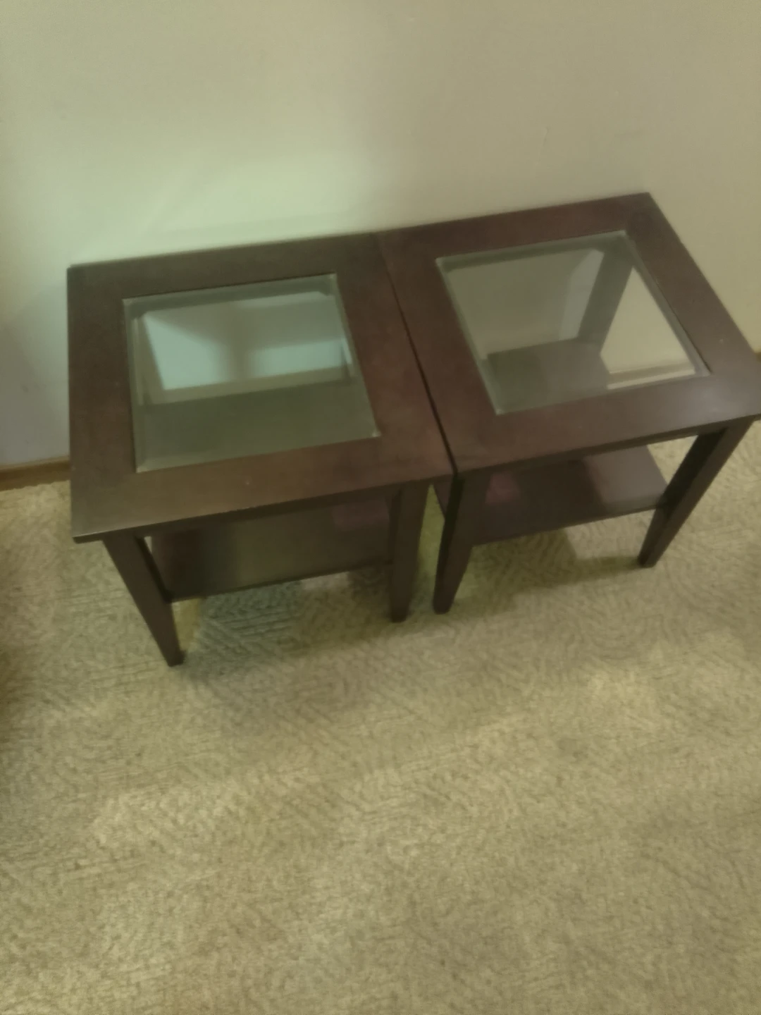 Set of Two Wood and Glass End Tables