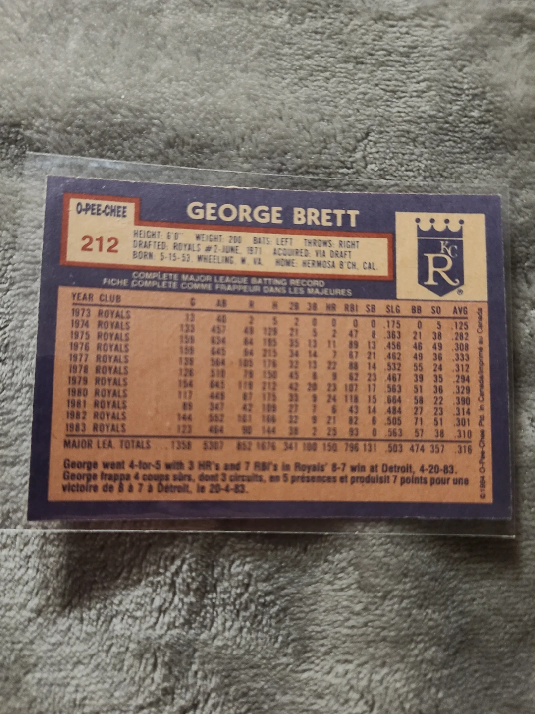 1984 O-Pee-Chee George Brett Baseball Card #212 - photo 2