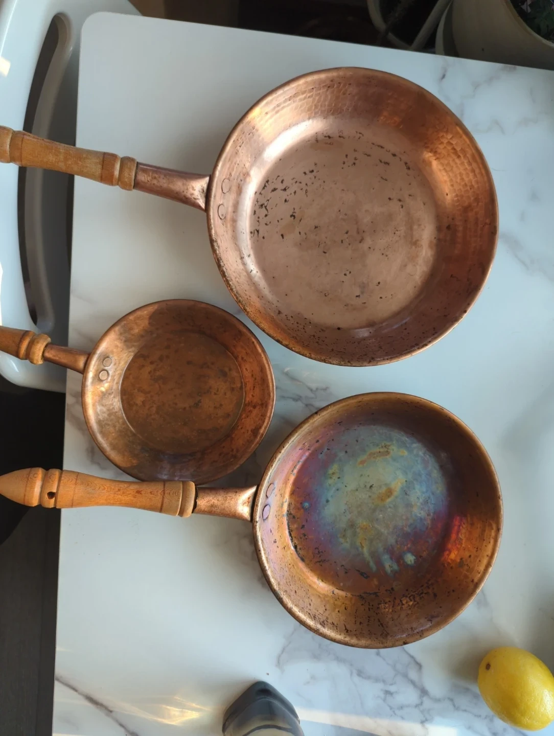 Rare set of 3 100% Copper Pans with Wooden Handles
