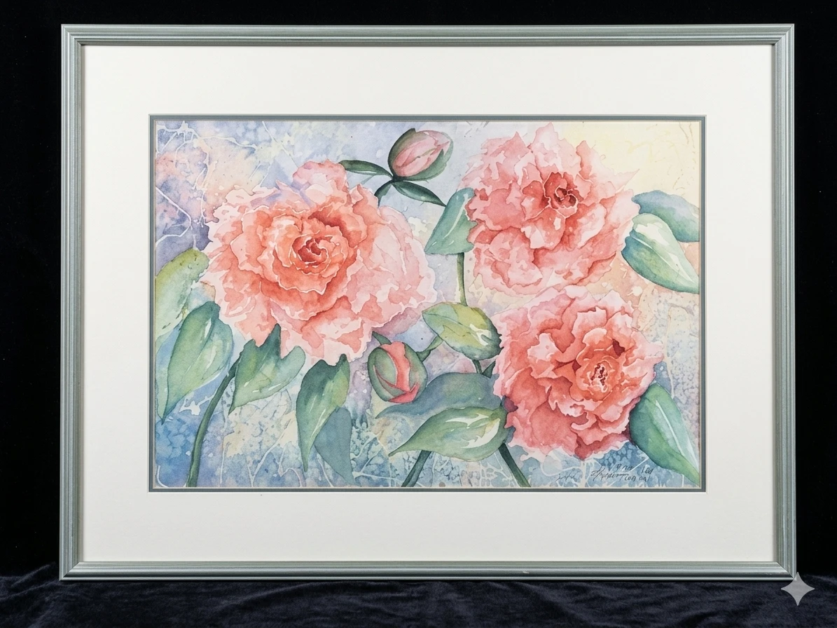 Original Framed Peonies Watercolor Painting by Helena (2000)