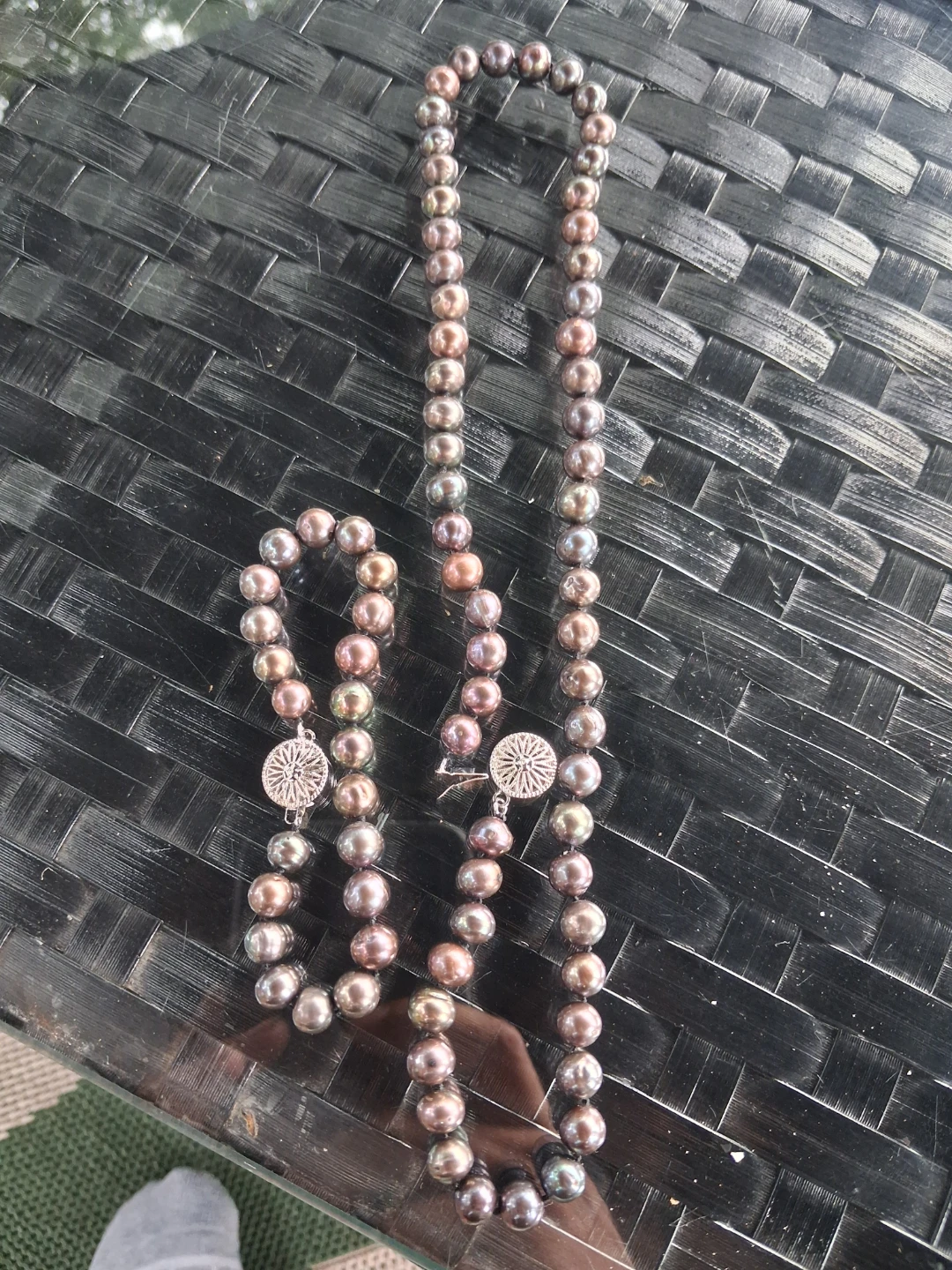 Set of Dark Iridescent Pearl Necklace, bracelet, earrings - photo 3