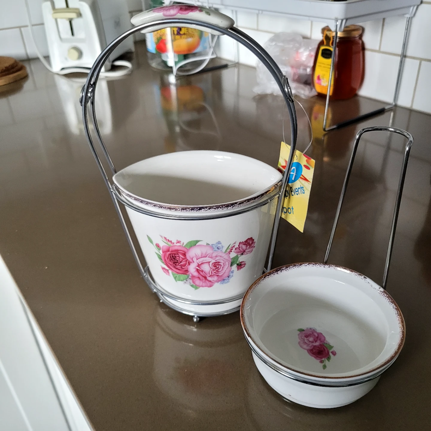 Floral Ceramic Serving Set with Chrome Caddy
