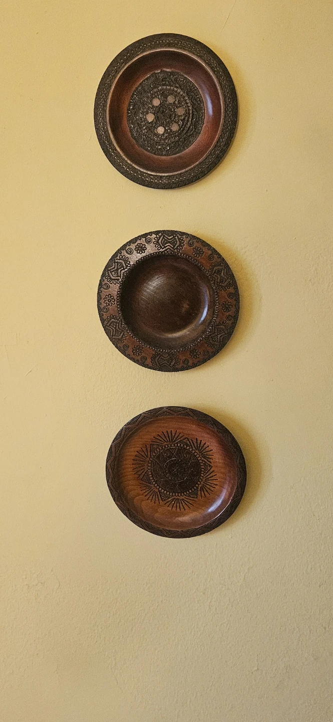 Set of 3 Carved Wooden Decorative Plates