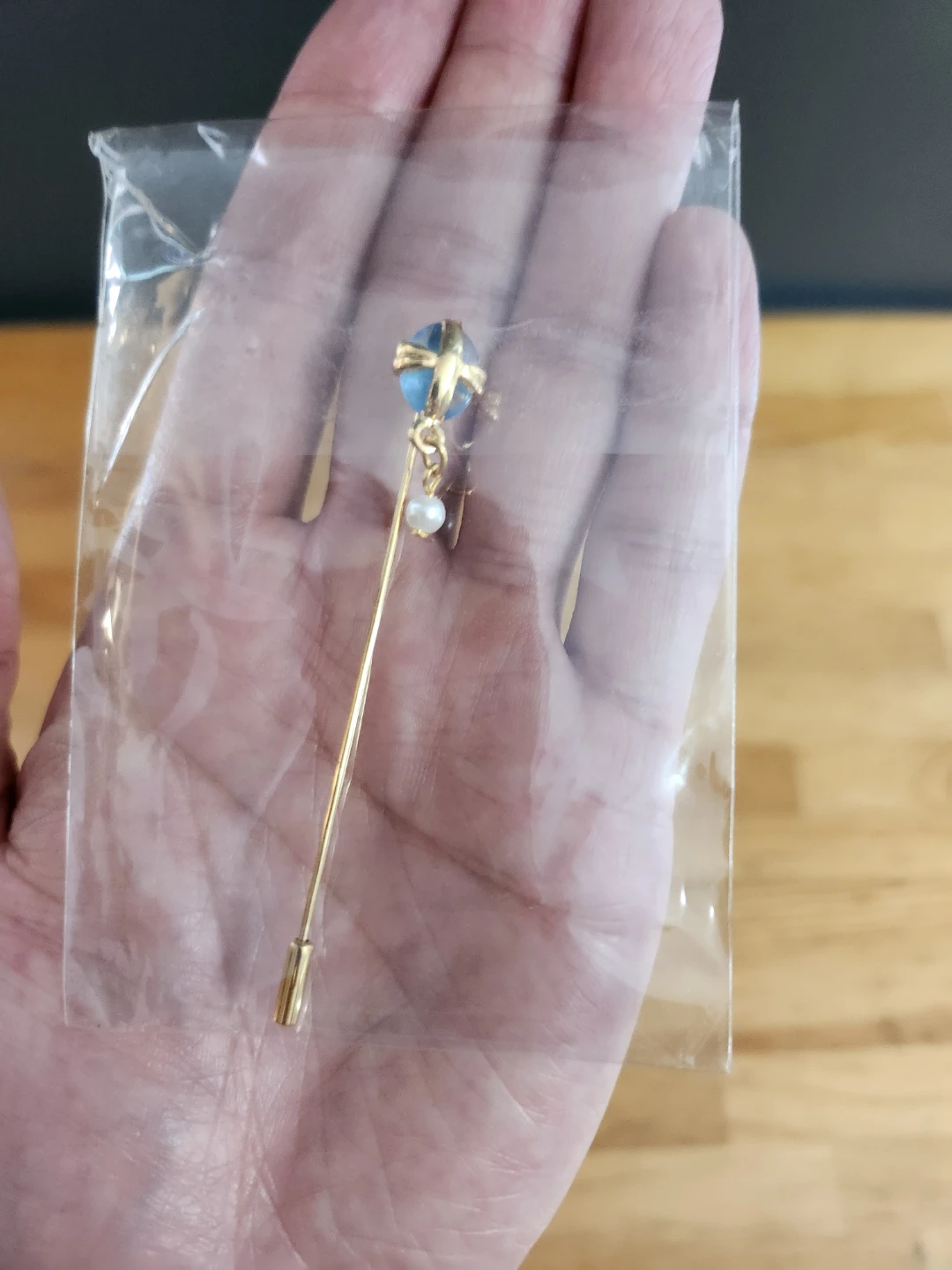 Vintage Gold Tone Stick Pin with Blue Topaz and Faux Pearl - photo 5