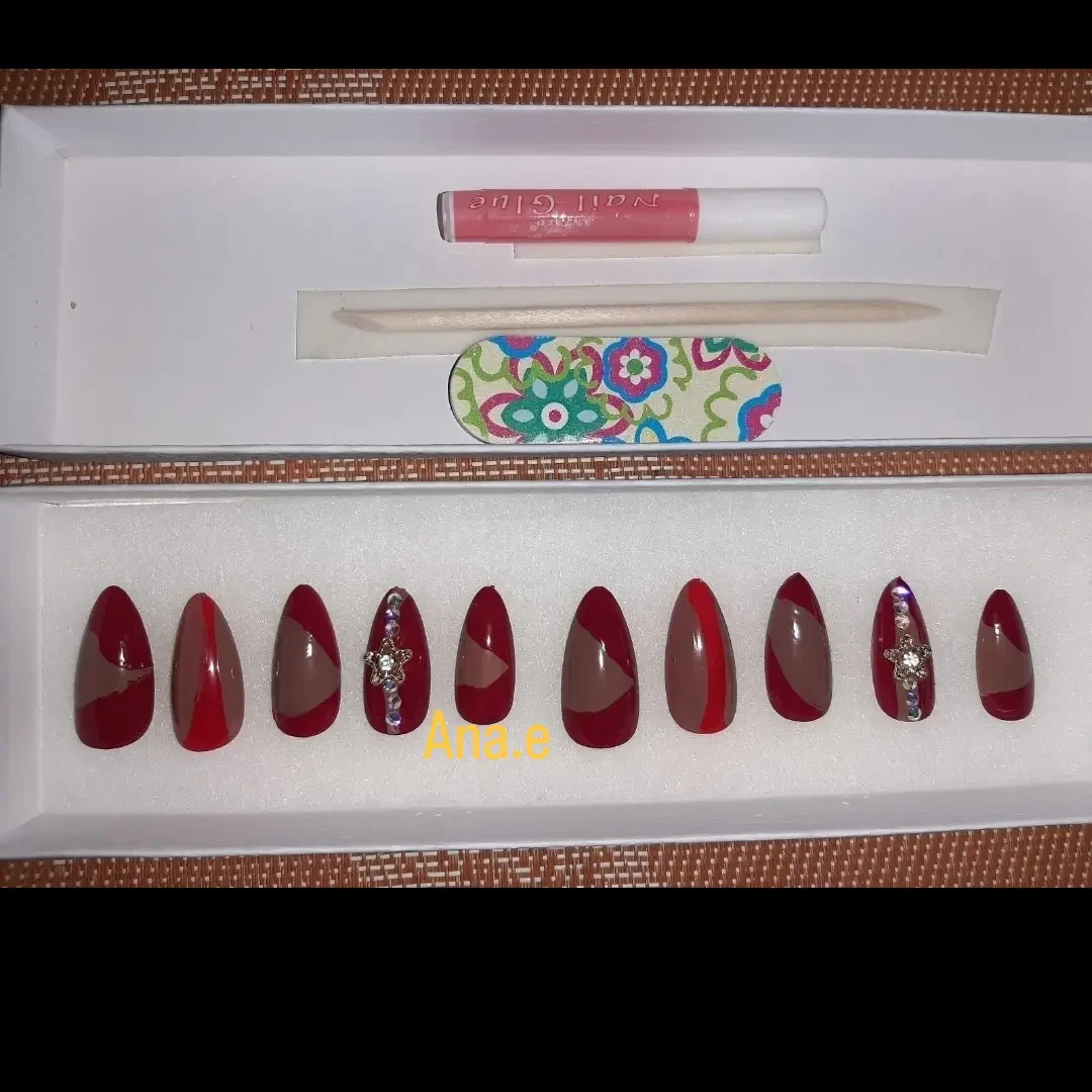 Red and Brown Press-on Nails with Rhinestone Accents - photo 2