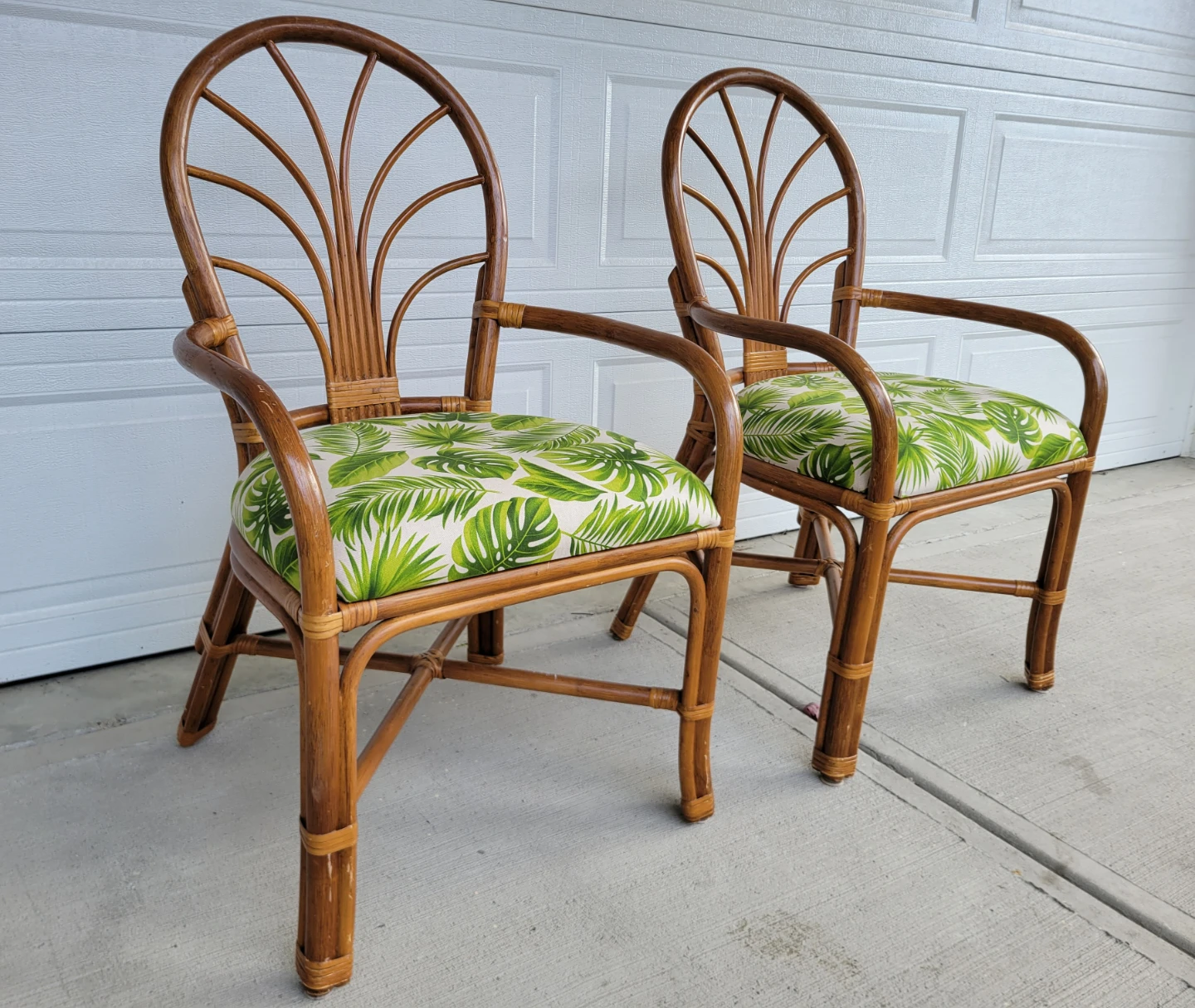 Vintage Rattan Fan-Back Armchairs with Tropical Palm Print Seats