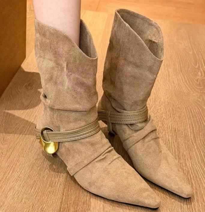 Suede Ankle Boots with Gold Detail