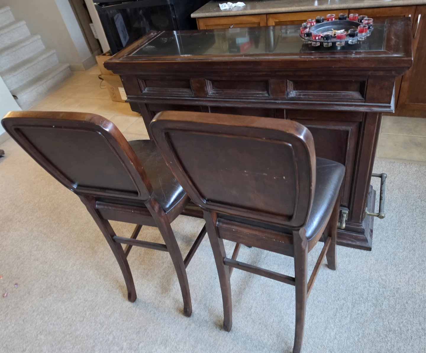 Dark Wood Home Bar with 2 Bar Stools - photo 3