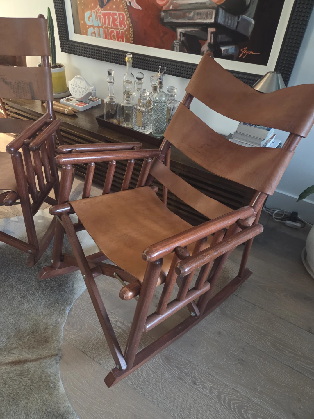 Vintage Costa Rican leather and teak rocking chair