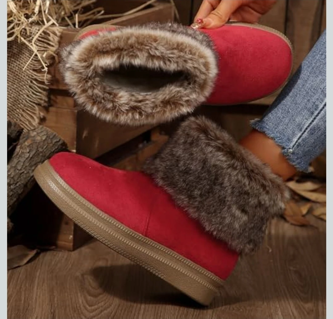 Size 37 Women Winter Snow Boots Faux Fur Lined Red - photo 4