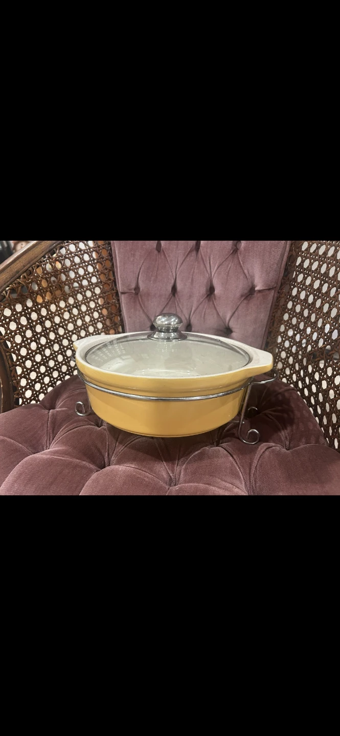 Yellow ceramic casserole dish with stand - photo 2