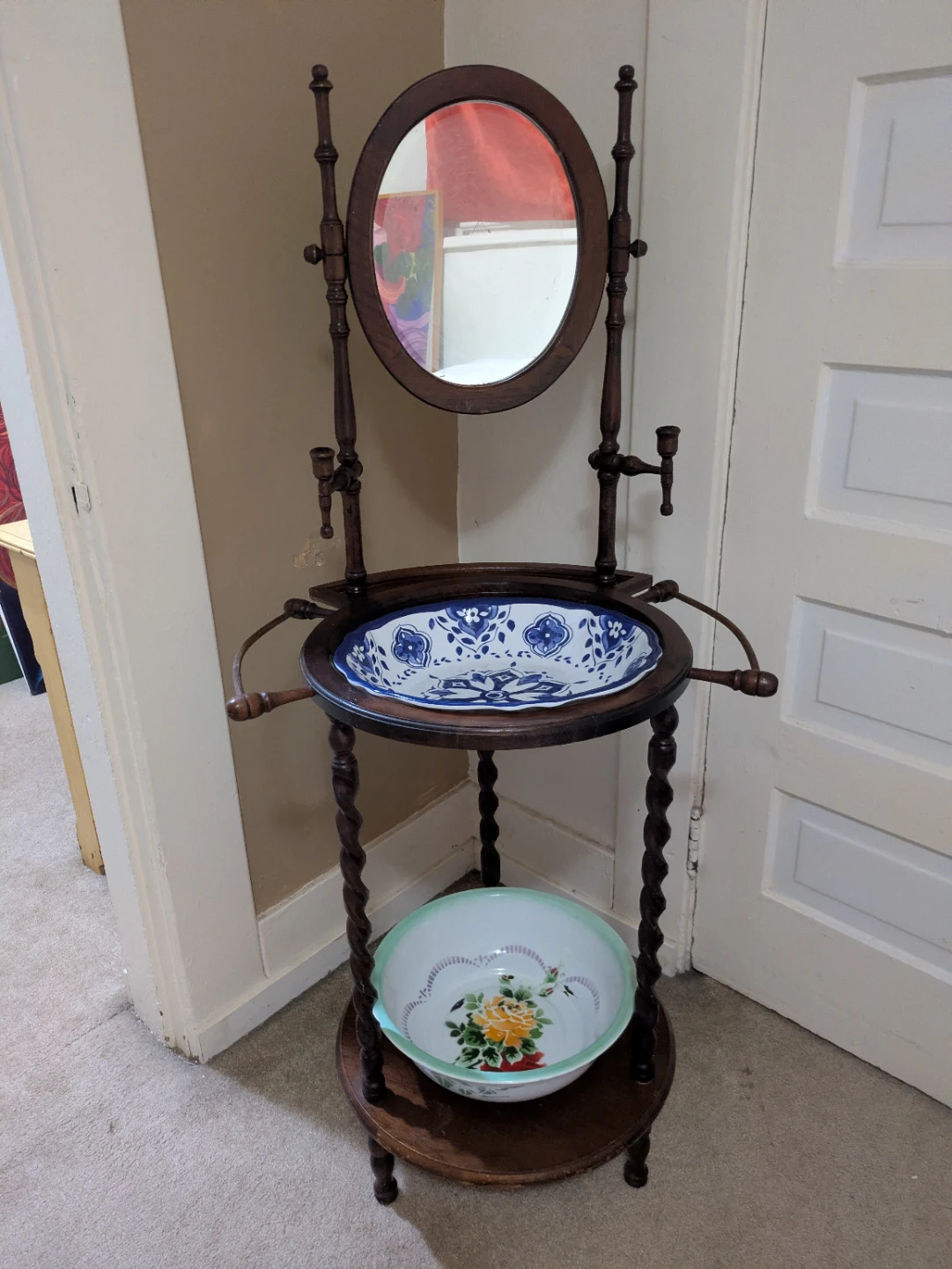 Vintage Wooden Washstand with Mirror and Basins