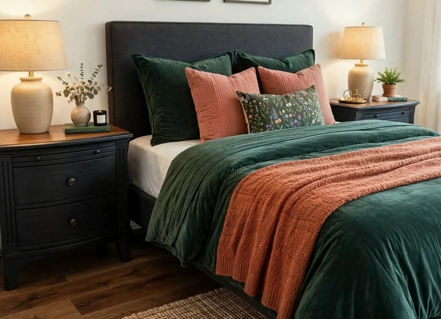 Refinished Bow-Front Nightstands  Walnut & Matte Black - Pair