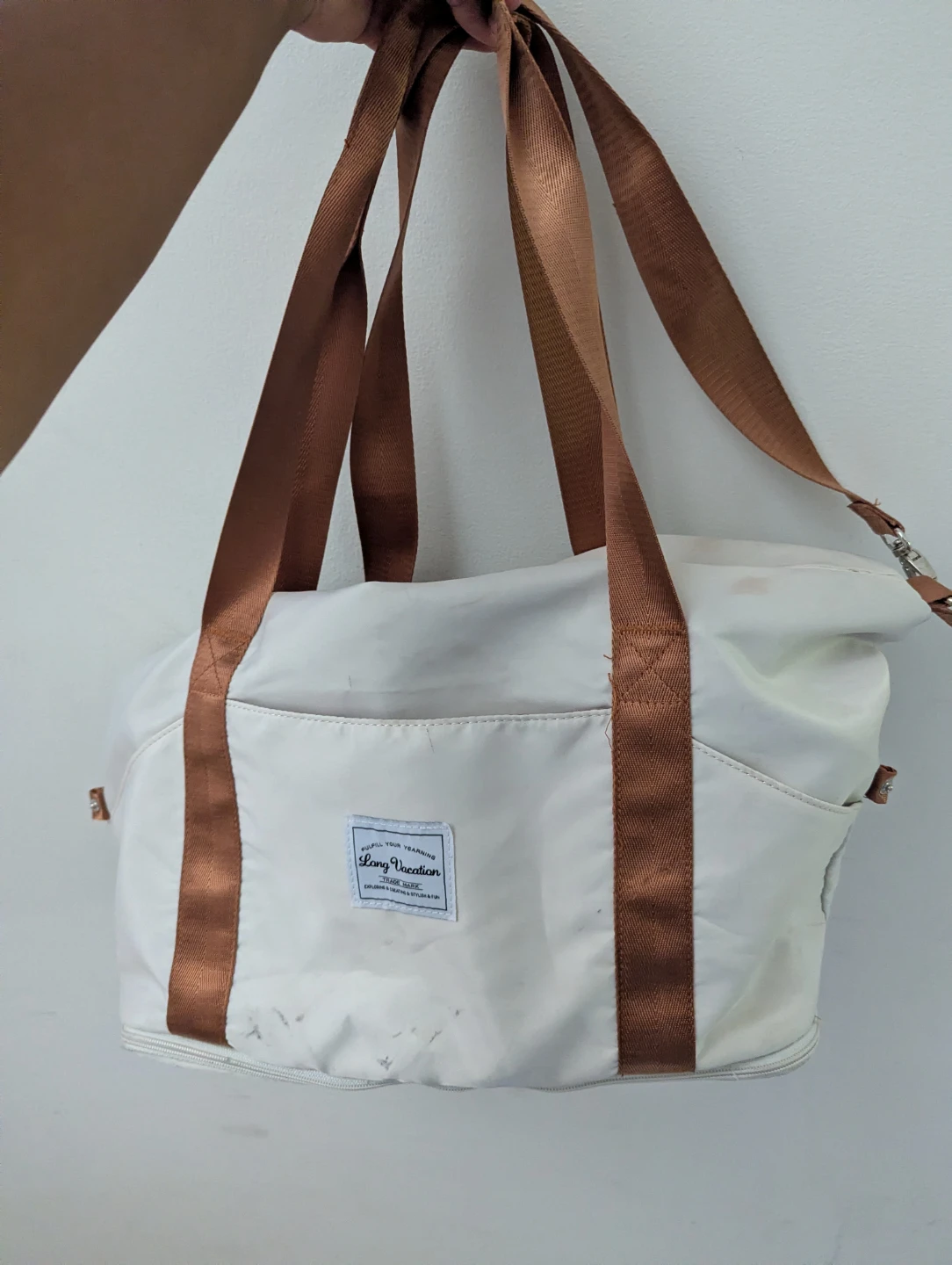 Cream Travelling Duffle bag with Brown Straps