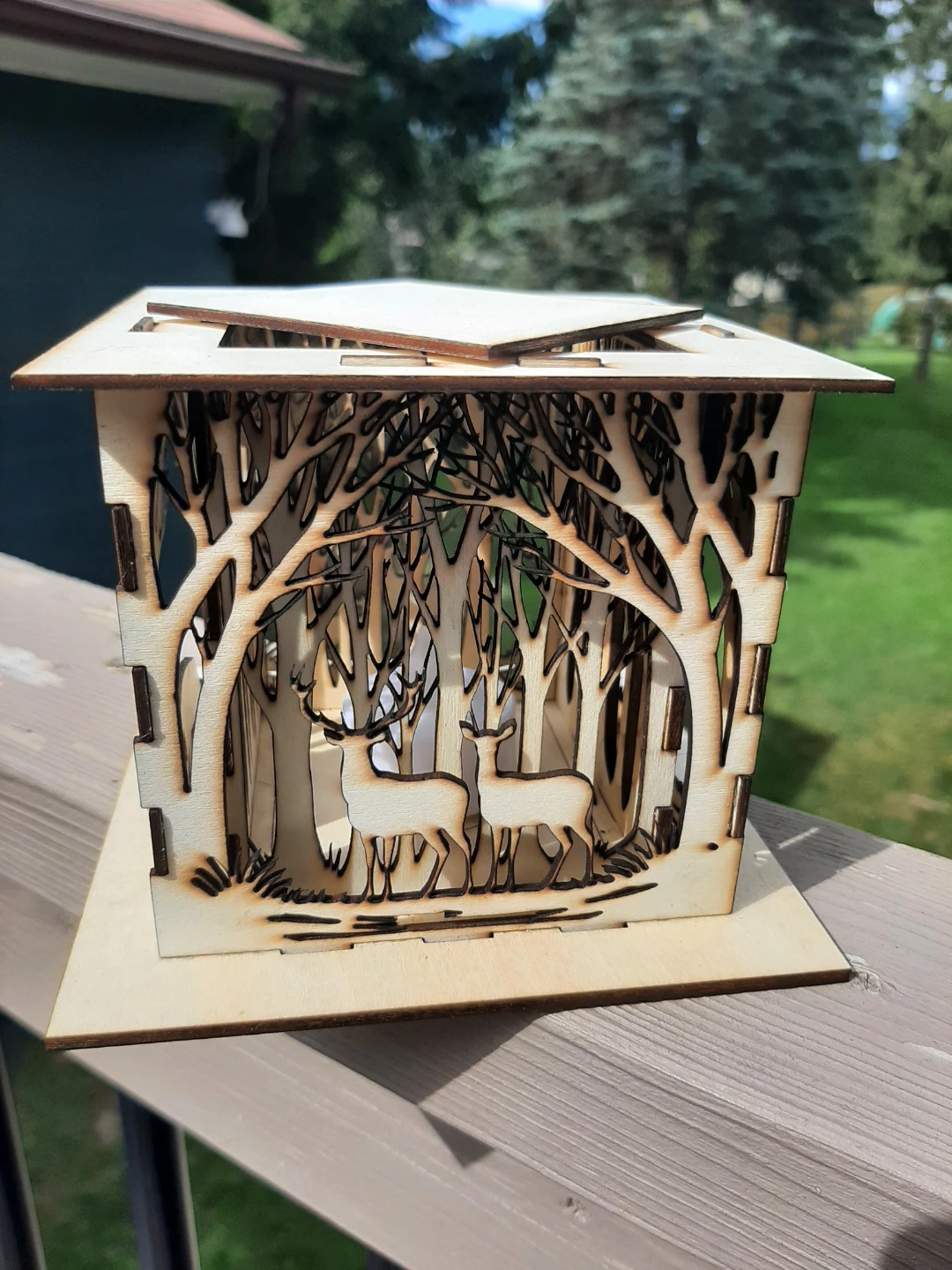 Laser-cut wooden deer forest tea light holder