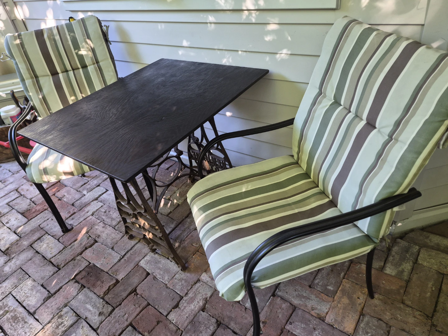 Vintage Sewing Machine Base Table and Two Metal Chairs