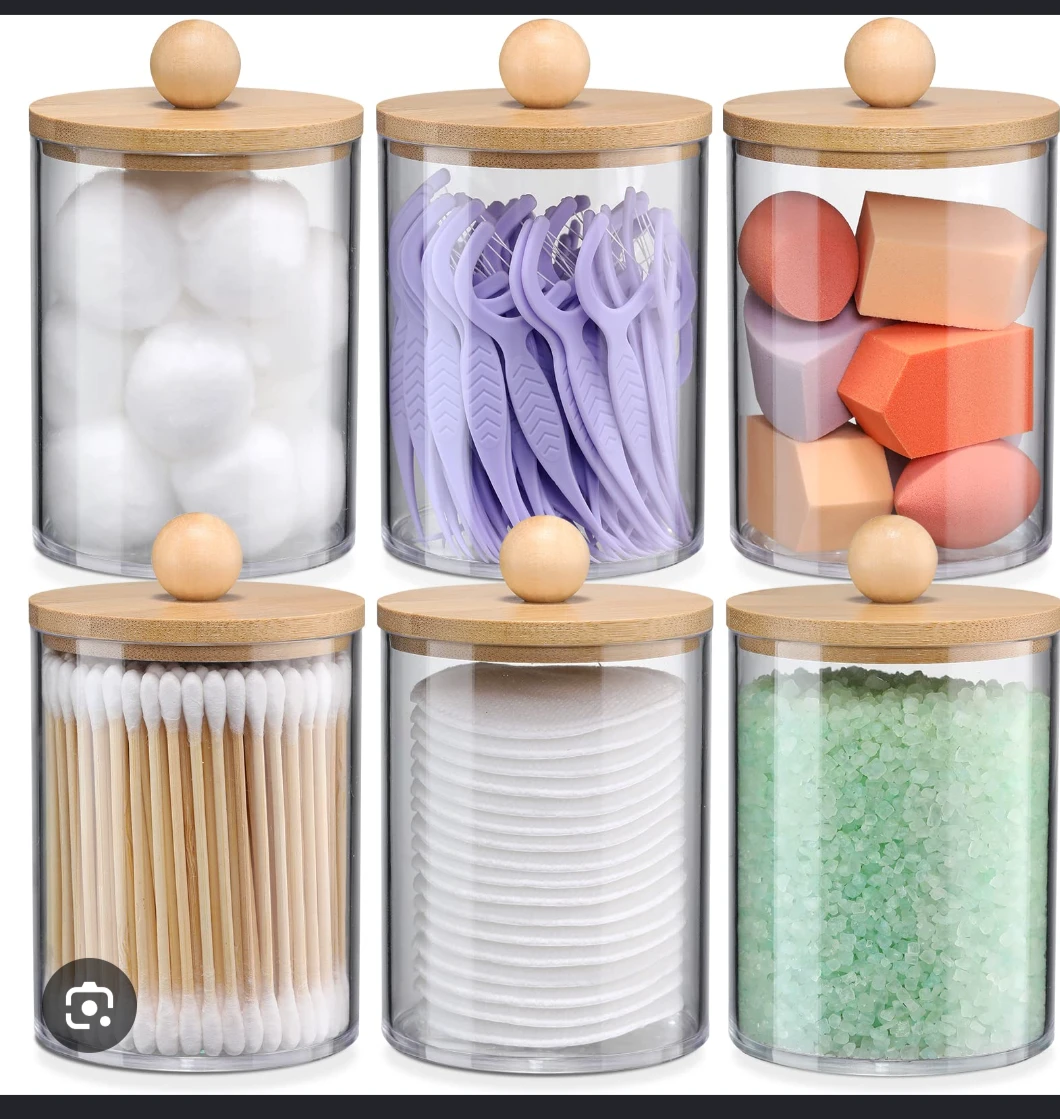 Set of 7 Clear Canisters with Wood Lids