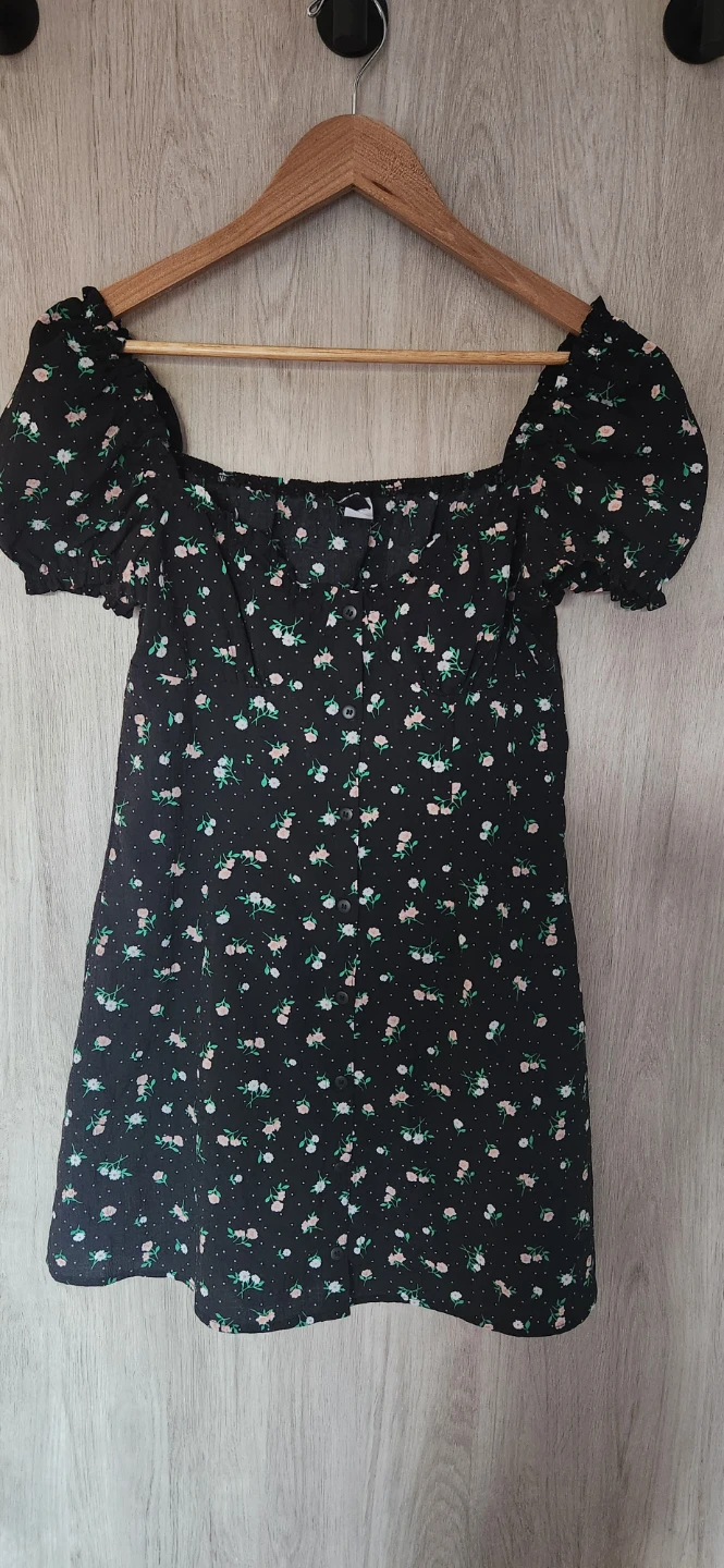 Divided H&M Black Floral Puff Sleeve Mini Dress