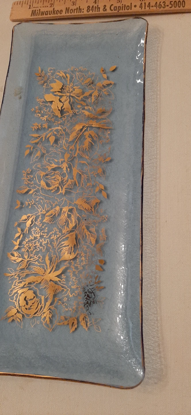 Blue Glass tray with a Gold floral design. - photo 2